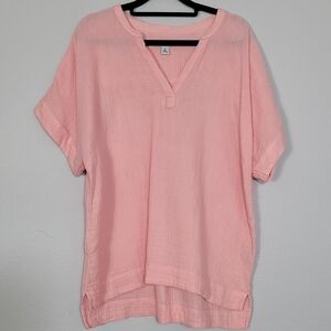 L.L.Bean Women Gauzy Short Sleeve Shirt Size M Coral Pink Cotton Beachy Coastal
